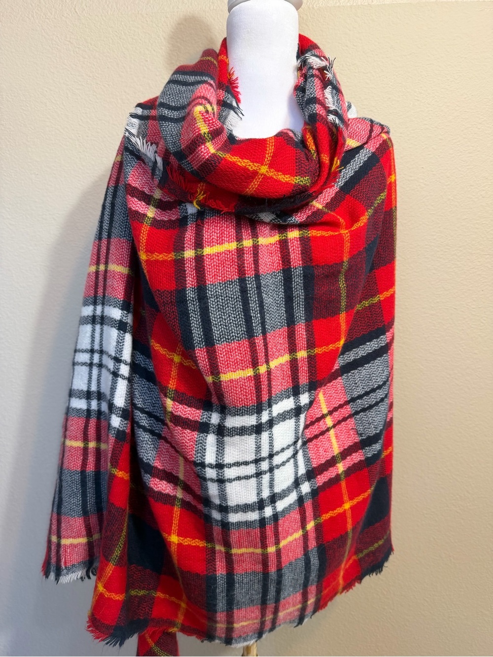 Oversized Red Plaid Blanket Scarf 76x38
